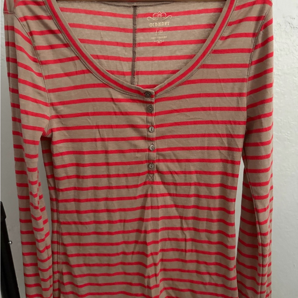 Old Navy Red and Tan Striped Henley Top